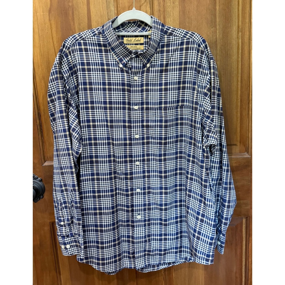 Roundtree & Yorke Gold Label Mens XL Non-Iron Plaid‎ Button Down Shirt Navy Blue
